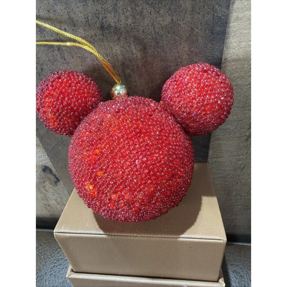 Disney Mickey Mouse Head Beaded Christmas Ornament Red Sugared Icon Vintage Read